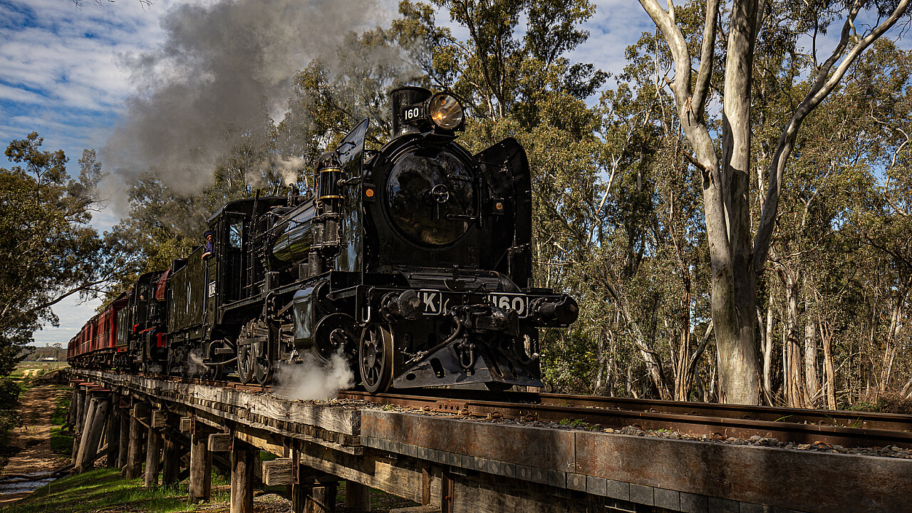 Muckleford Creek Steam Train over Trestle Bridge